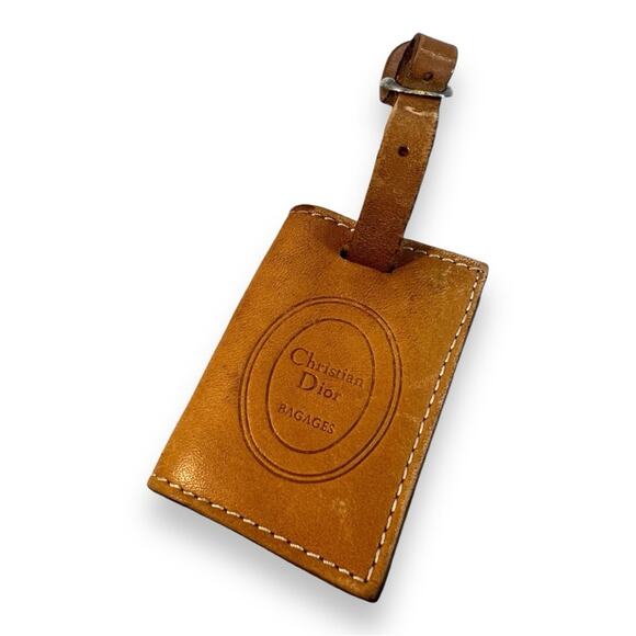 CHRISTIAN DIOR Vintage Tan Leather Luggage Tag 2x3” - Picture 11 of 13
